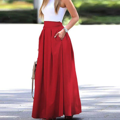 Dame Maxinederdel - Høj Talje - Flowy Silhuet - Med Lommer - Elegante Folder