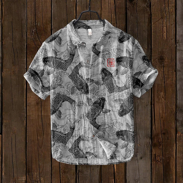 Men's Shirt – Relaxed Fit – Breathable Linen Blend – Fish Motif Print