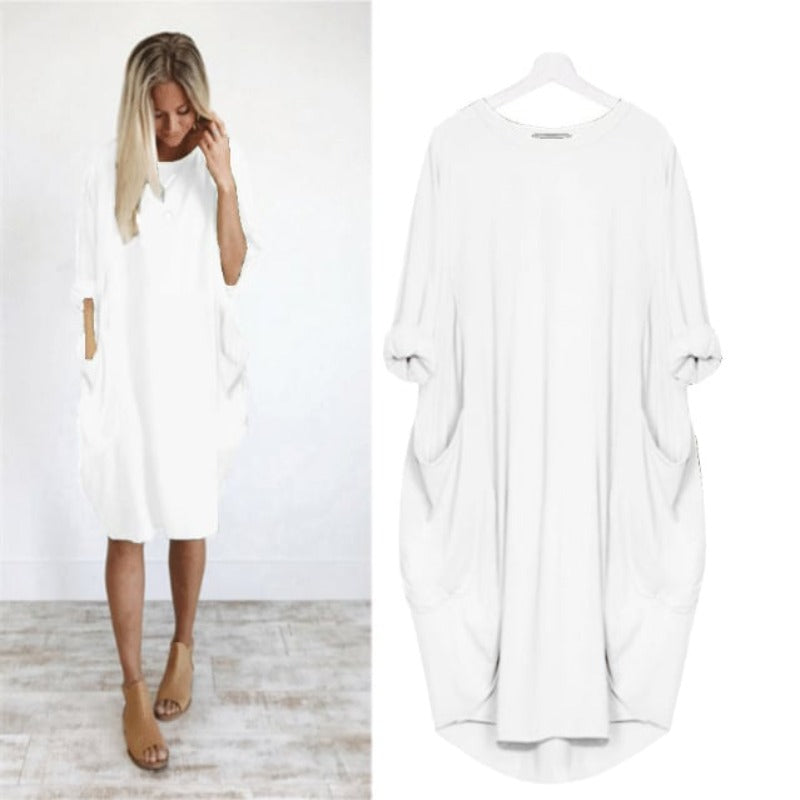 Women's Midi Dress – Relaxed Fit – Round Neck – Lightweight and Breathable – With Side Pockets