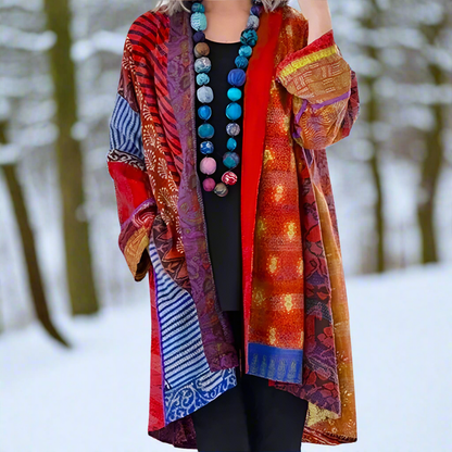 Kimono Jakke til Kvinder - Patchwork Design - Løs Pasform - Åben Front - Boho Stil
