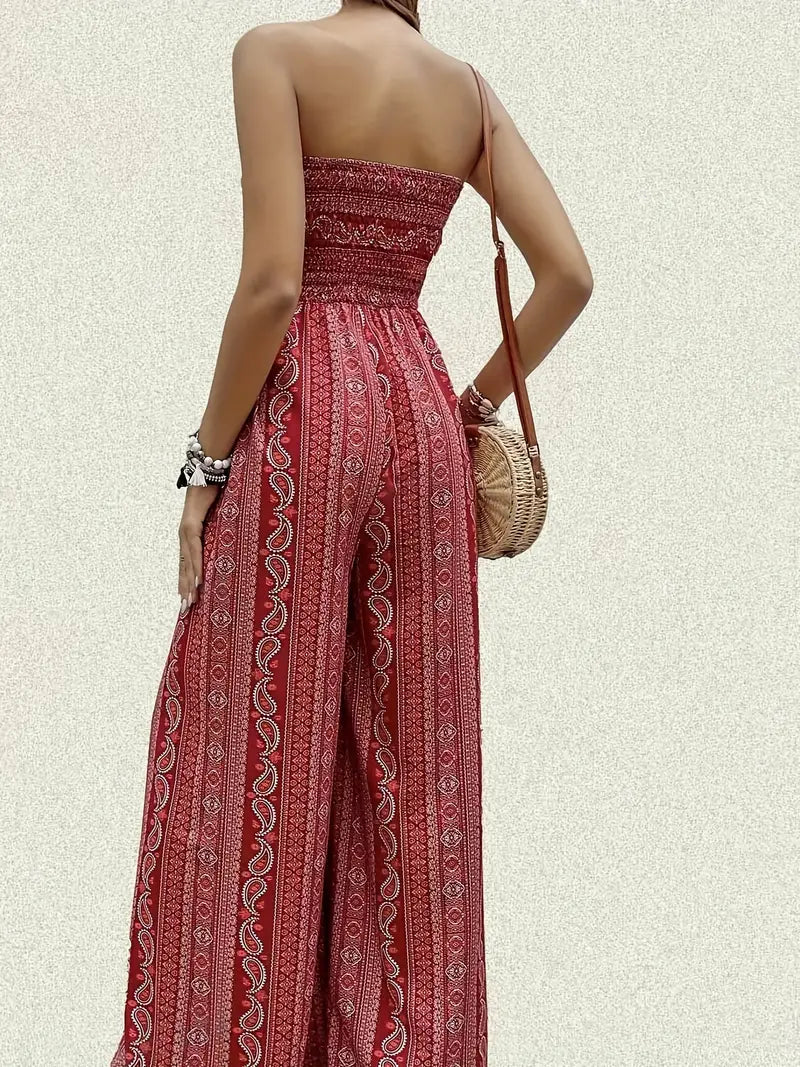 Women's Jumpsuit - Strapless Smock Top - Wide Legs - Bohemian Pattern