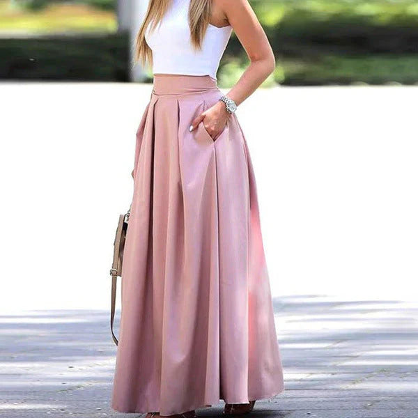 Dame Maxinederdel - Høj Talje - Flowy Silhuet - Med Lommer - Elegante Folder