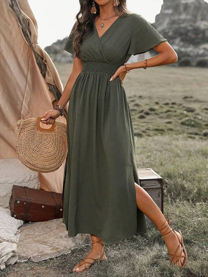 Women's Midi Dress – A-line – V-neck Wrap – Short Sleeves – Light and Breathable