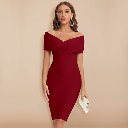 Women's Off-Shoulder Bodycon Dress – Knee-Length – Elegant Design – Ruched Bodice