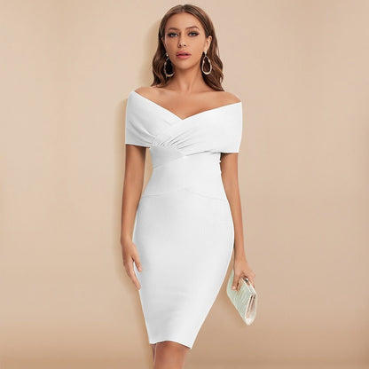 Women's Off-Shoulder Bodycon Dress – Knee-Length – Elegant Design – Ruched Bodice