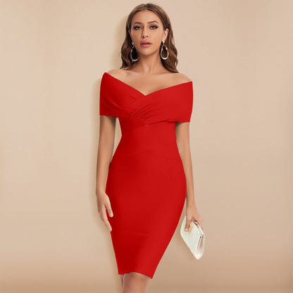 Women's Off-Shoulder Bodycon Dress – Knee-Length – Elegant Design – Ruched Bodice