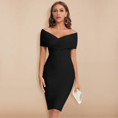 Women's Off-Shoulder Bodycon Dress – Knee-Length – Elegant Design – Ruched Bodice