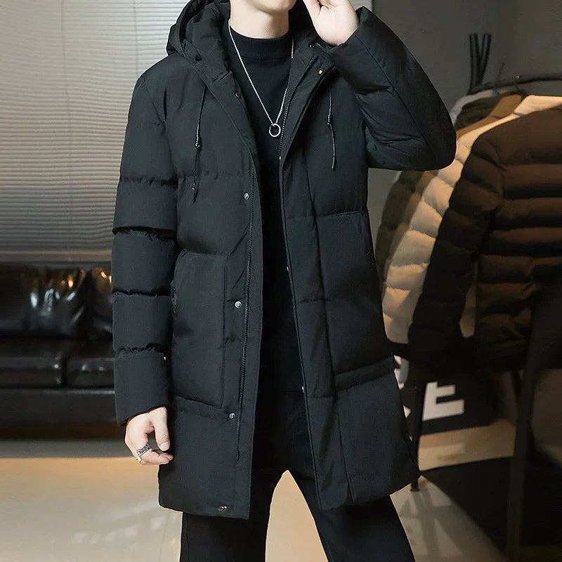 Men’s Puffer Jacket - Woven Synthetic - Hooded - Quilted - Long Length