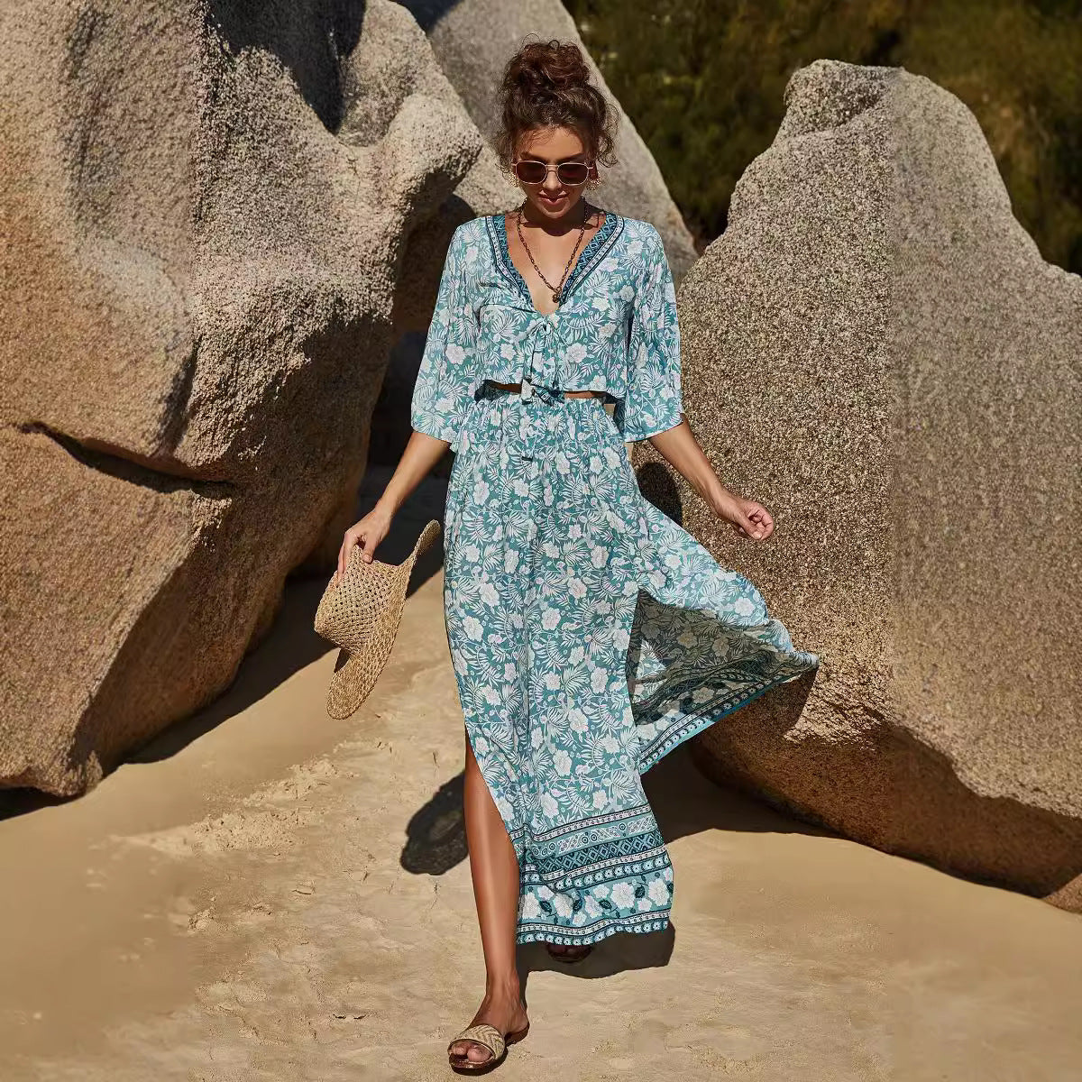 Women's Floral Long Skirt - V-Neck Top - Two-Piece Set