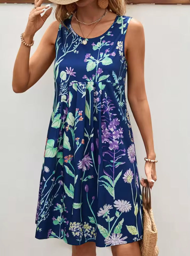 Women's Vest Dress – Sleeveless – Relaxed Fit – Floral Print – Light and Breathable