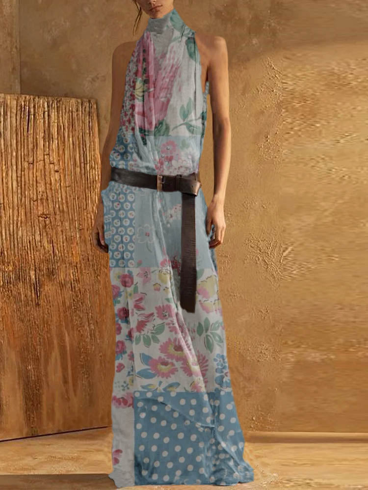 Women's Maxi Dress – Sleeveless – High Neck – Belted Waist – Light and Airy Fit