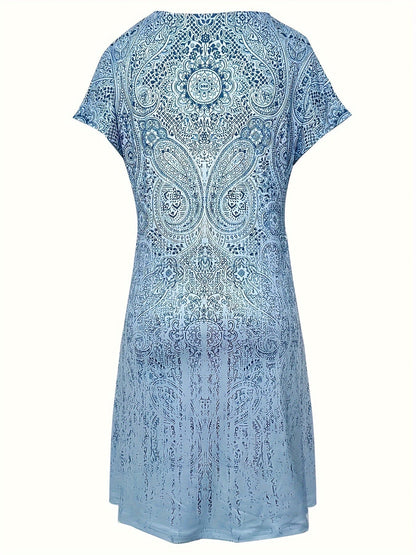 Dress for Women – Mini – Relaxed Fit – Short-Sleeved – Round Neck – Print Design