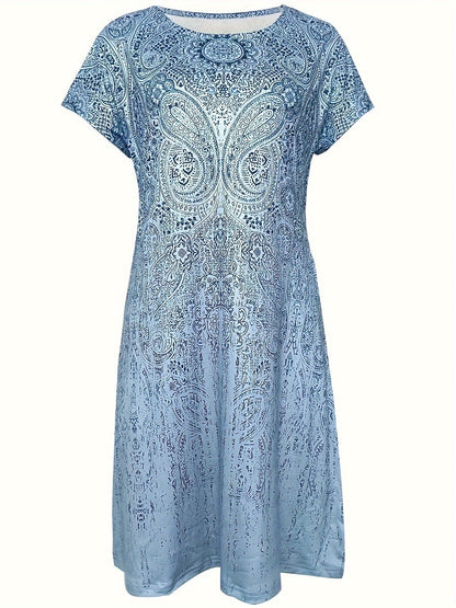 Dress for Women – Mini – Relaxed Fit – Short-Sleeved – Round Neck – Print Design