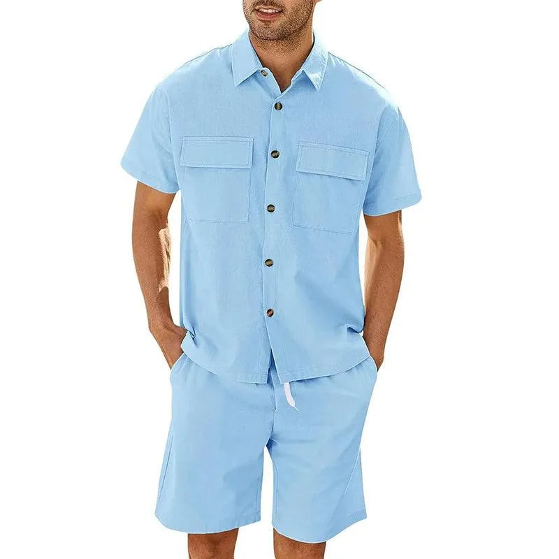 Men's Set with Shirt and Shorts – Relaxed Fit – Short Sleeves – Breathable Lightweight Fabric – Adjustable Drawstring