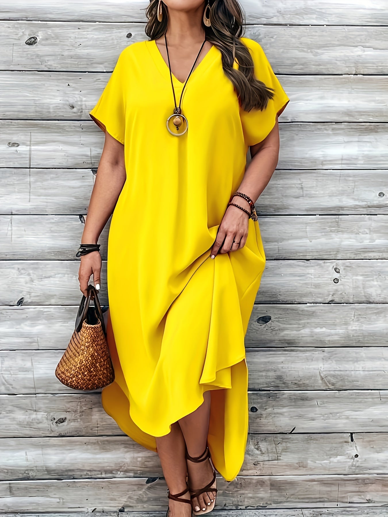 Women's Dress - Loose Fit - V-neck - Short Sleeves - Asymmetric Hem - Light and Airy