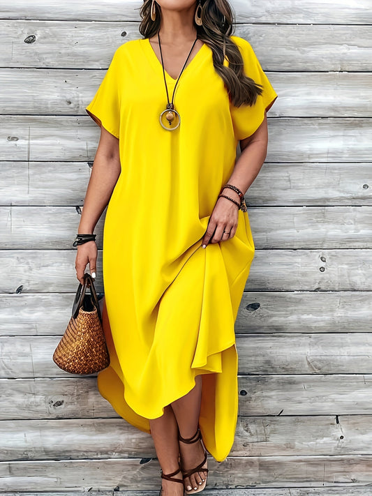 Women's Dress - Loose Fit - V-neck - Short Sleeves - Asymmetric Hem - Light and Airy
