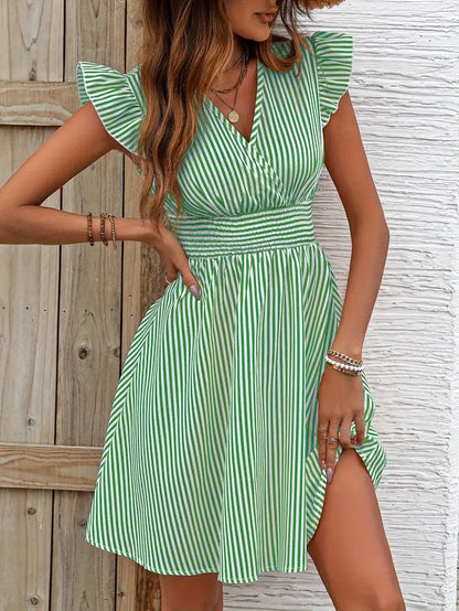 Women's Summer Dress - V-Neck - Ruffle Sleeves - Fitted Waist - Light and Breathable