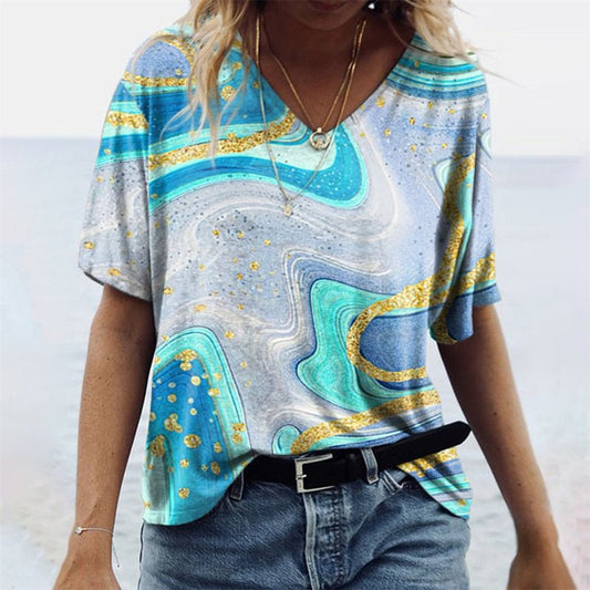 Women's V-Neck T-Shirt – Boho Print – Relaxed Fit – Short Sleeve – Breathable Soft Quality