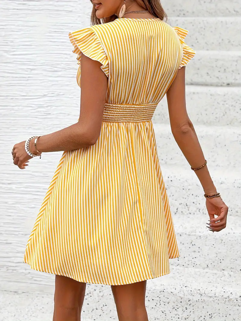 Women's Summer Dress - V-Neck - Ruffle Sleeves - Fitted Waist - Light and Breathable