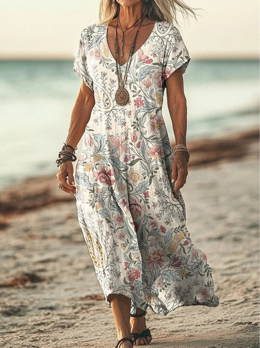 Women's Maxi Dress – Relaxed Fit – Retro Floral Print – V-Neck – Short Sleeves – With Pockets