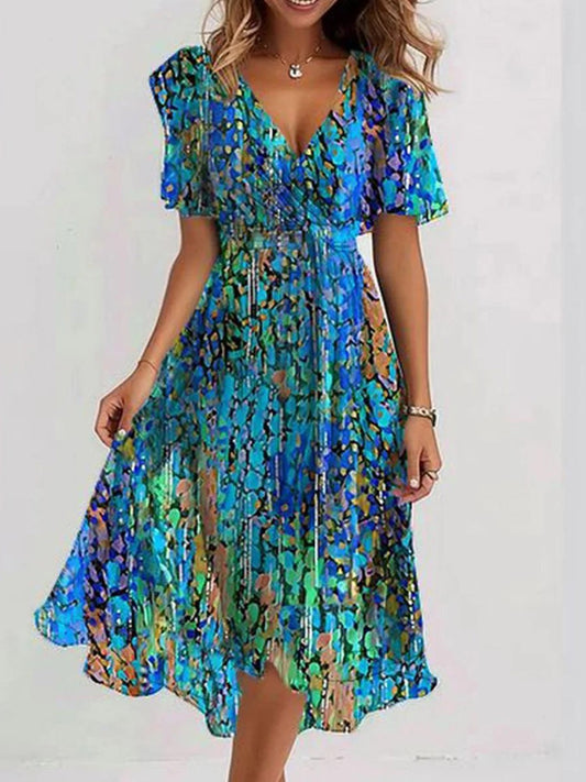 Dress for Women – Midi Length – A-line Fit – V-neck – Light and Airy