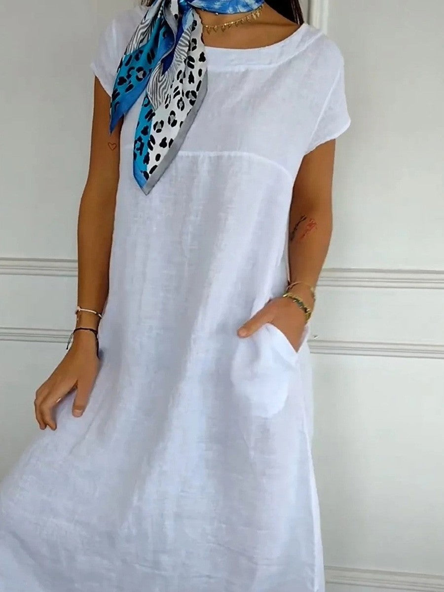 Dress for Women – Midi – Relaxed Fit – Natural Fibers – Short Sleeves – Round Neck – With Pockets