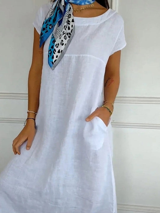 Dress for Women – Midi – Relaxed Fit – Natural Fibers – Short Sleeves – Round Neck – With Pockets