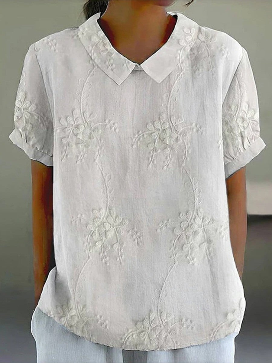 Women's Blouse – Relaxed Fit – Short Sleeves – Floral Patterned Texture – Breathable Material