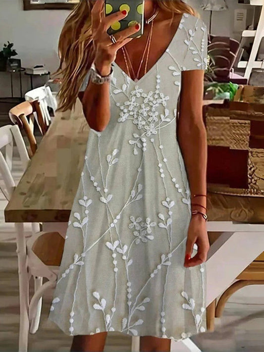 Women's Mini Dress – A-Line Fit – V-Neck – Short Sleeves – Breathable Blend – Leaf Pattern