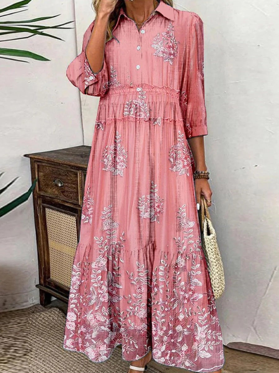 Kvindekjole maxi – åndbart stof – A-line pasform – 3/4 ærme – blomster tiered design