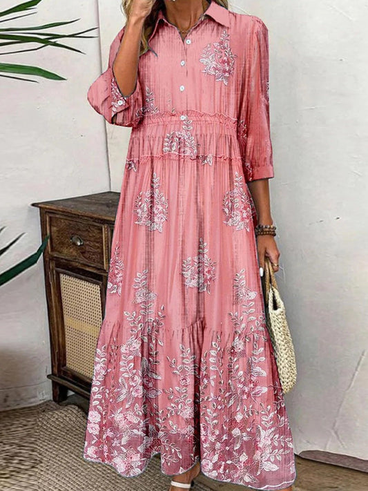 Women's Dress Maxi – Breathable Fabric – A-line Fit – 3/4 Sleeve – Floral Tiered Design