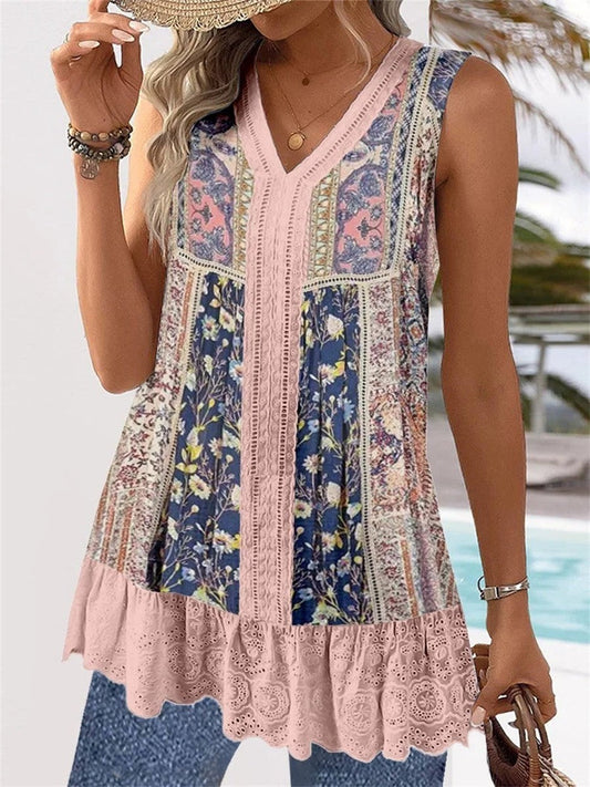 Women's Sleeveless Top – V-Neck – Relaxed Fit – Boho Embroidery – Breathable Fabric