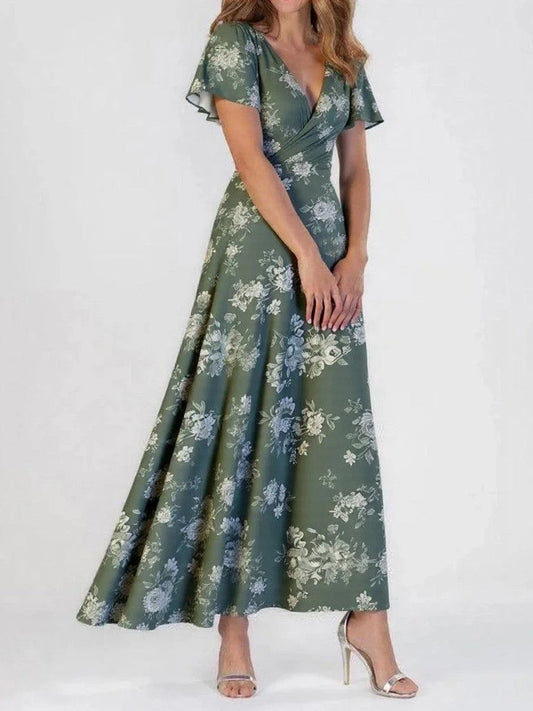 Women's Maxi Dress – A-line Fit – V-neck – Short Sleeves – Light and Elegant