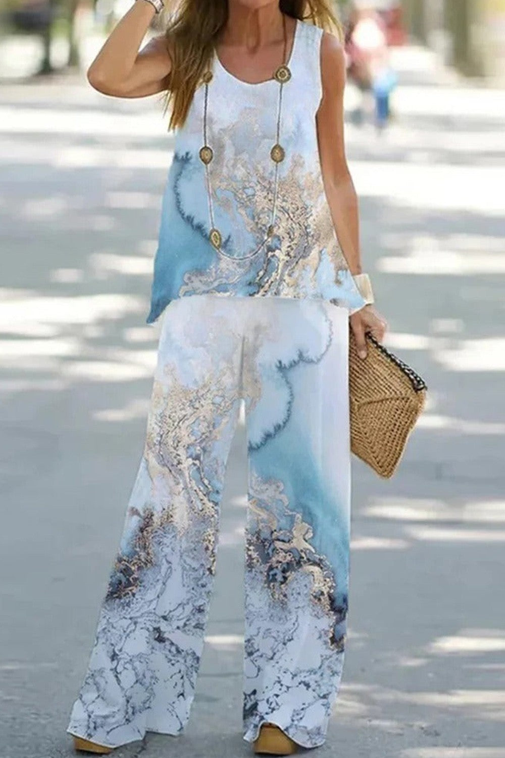 Women's Two-Piece Set – Sleeveless Top – Wide Pants – Relaxed Fit – Artistic Print