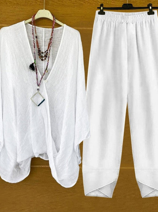 Women's Set – Relaxed Fit – Breathable Natural Material – V-neck Top & Elastic Pants