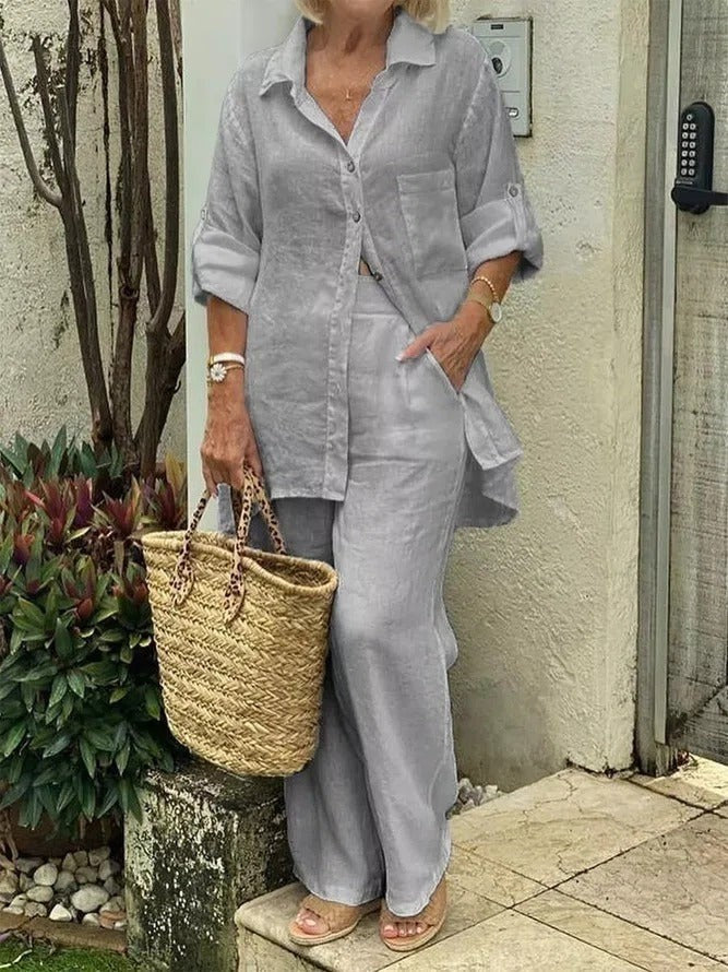 Women's Set – Long-Sleeved Shirt Top – Relaxed Fit – Straight Pants – Breathable Mix