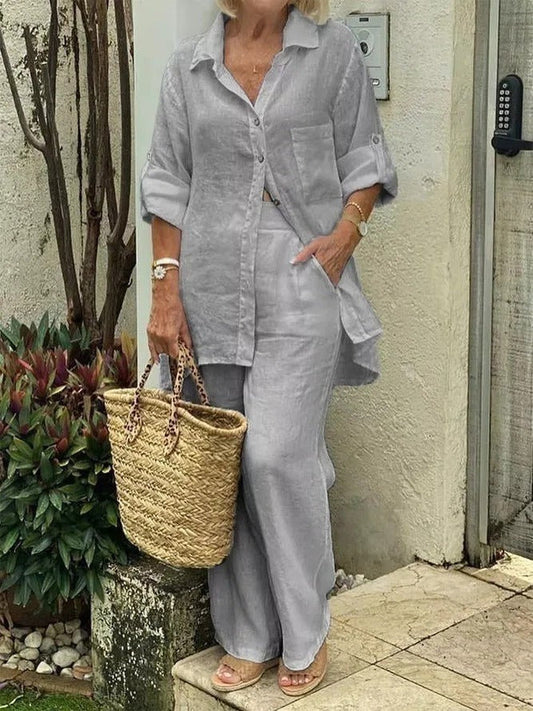 Women's Set – Long-Sleeved Shirt Top – Relaxed Fit – Straight Pants – Breathable Mix