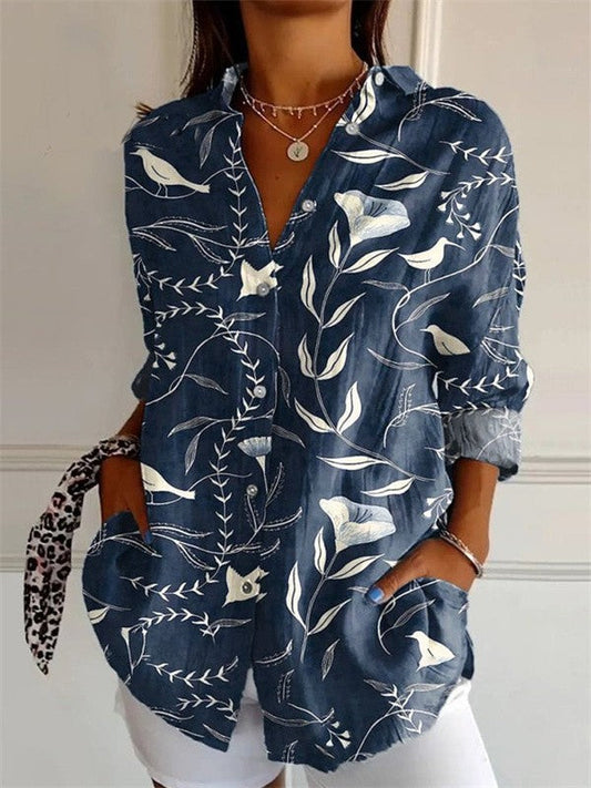 Women's Shirt – Natural Fibers – Loose Fit – Short-Sleeved – Floral Print