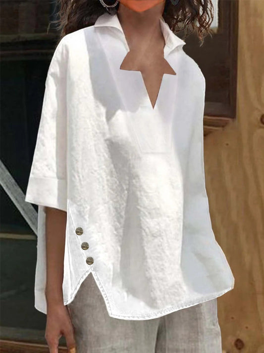 Women's Blouse – Oversize Fit – V-Neck with Cut-Out – Half Sleeve – Asymmetric Hem
