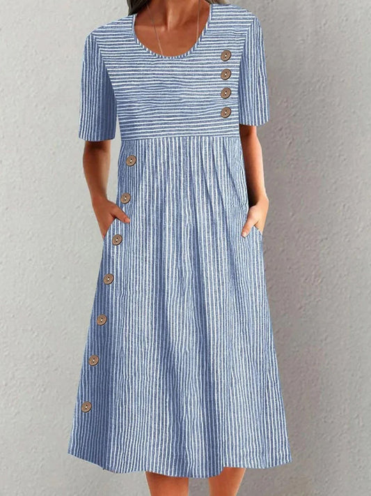 Women's Midi Dress – Relaxed Fit – Striped Pattern – Breathable Blend – Pockets