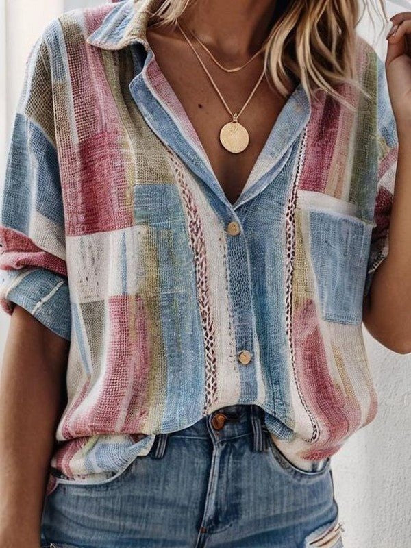 Damebluse – Afslappet Pasform – Kort Ærme – Knaplukning – Patchworkdesign