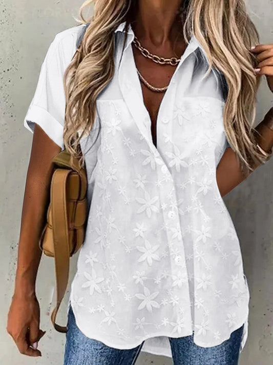 Women's Blouse – Loose Fit – Lace Details – Shirt Collar – Short Sleeves