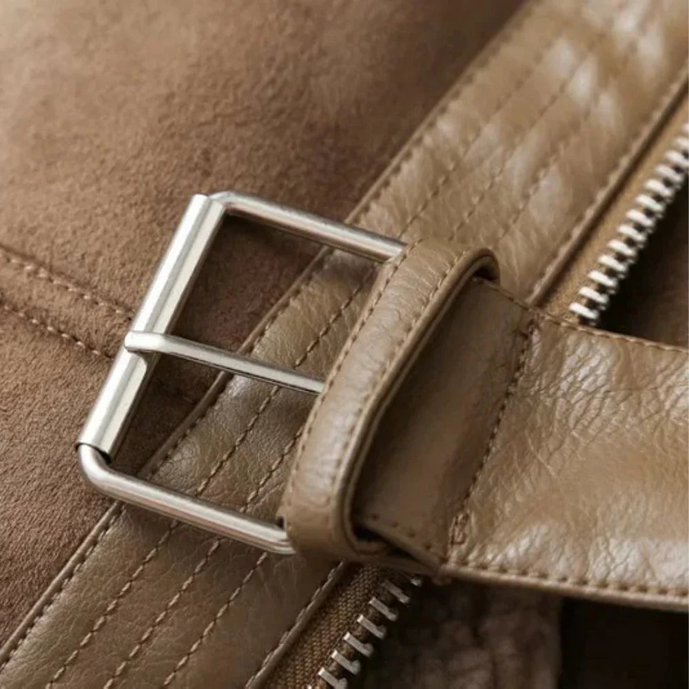 Amelia Regular Fit Shearling Jacket | Shearling Trim Belted Jacket