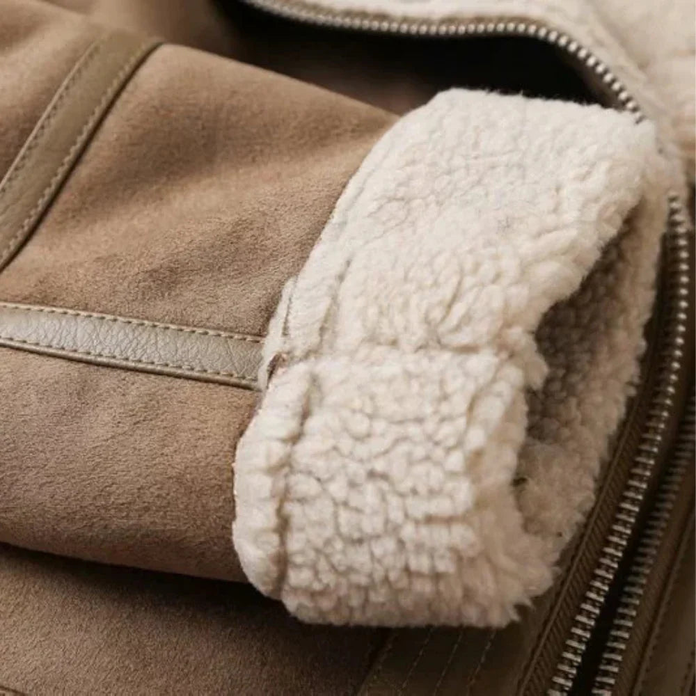 Amelia Regular Fit Shearling Jacket | Shearling Trim Belted Jacket