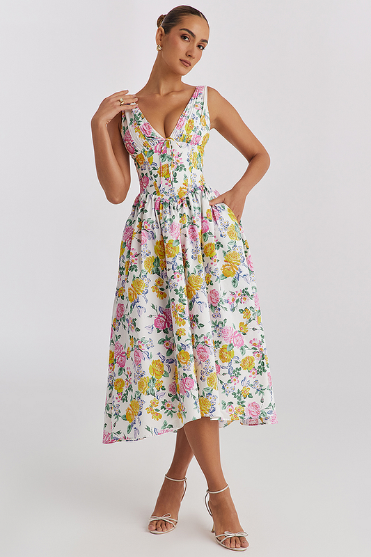 Dress for Women – Midi – Sleeveless – A-line Fit – Floral Print – Natural Fibers