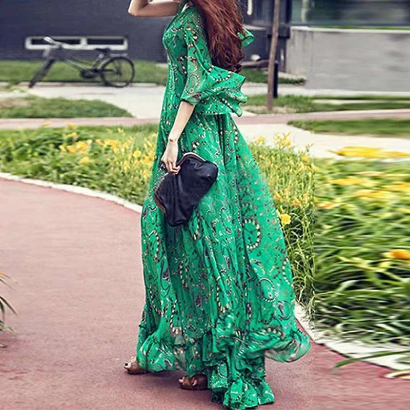 Women's Maxi Dress - Bohemian Style - V-neck - 3/4 Sleeves - Elegant and Airy Fit