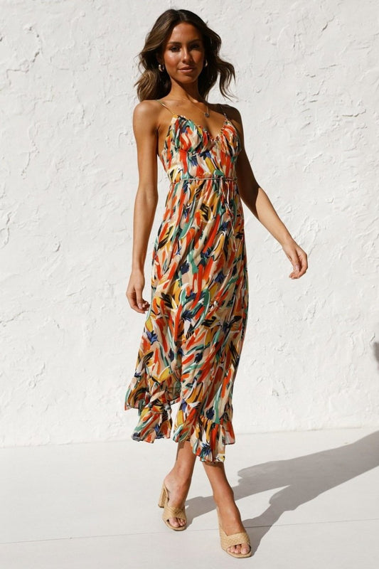 Dress for Women – Midi Length – Flowy Fit – V-Neckline – Spaghetti Straps – Raw Edge Detail