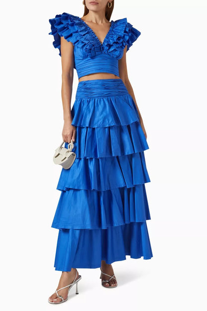 Women's Set with Ruffles – V-neck Crop Top – Layered Maxi Skirt – Elegant Fit