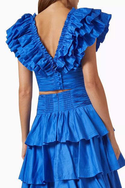 Women's Set with Ruffles – V-neck Crop Top – Layered Maxi Skirt – Elegant Fit