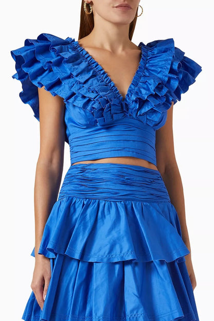 Women's Set with Ruffles – V-neck Crop Top – Layered Maxi Skirt – Elegant Fit